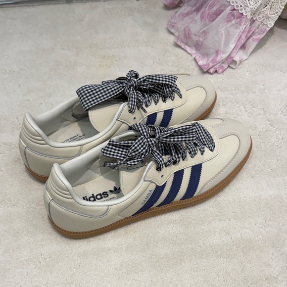 adidas Shoes - Adidas Cream and Blue Sambas with Checkered Laces from Anthropologie, Never Worn